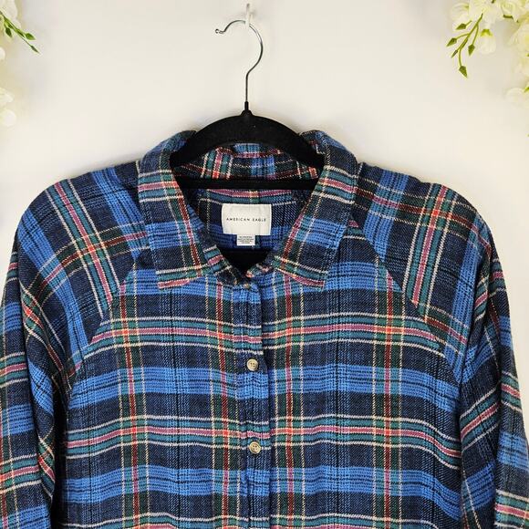 American Eagle XL Plaid Button Down Flannel Shirt Blue Cozy Fall Grunge Layering - Picture 3 of 11